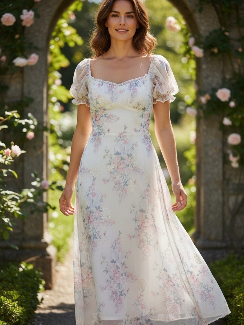 Romantic Ivory Floral Midi Dress with Puff Sleeves